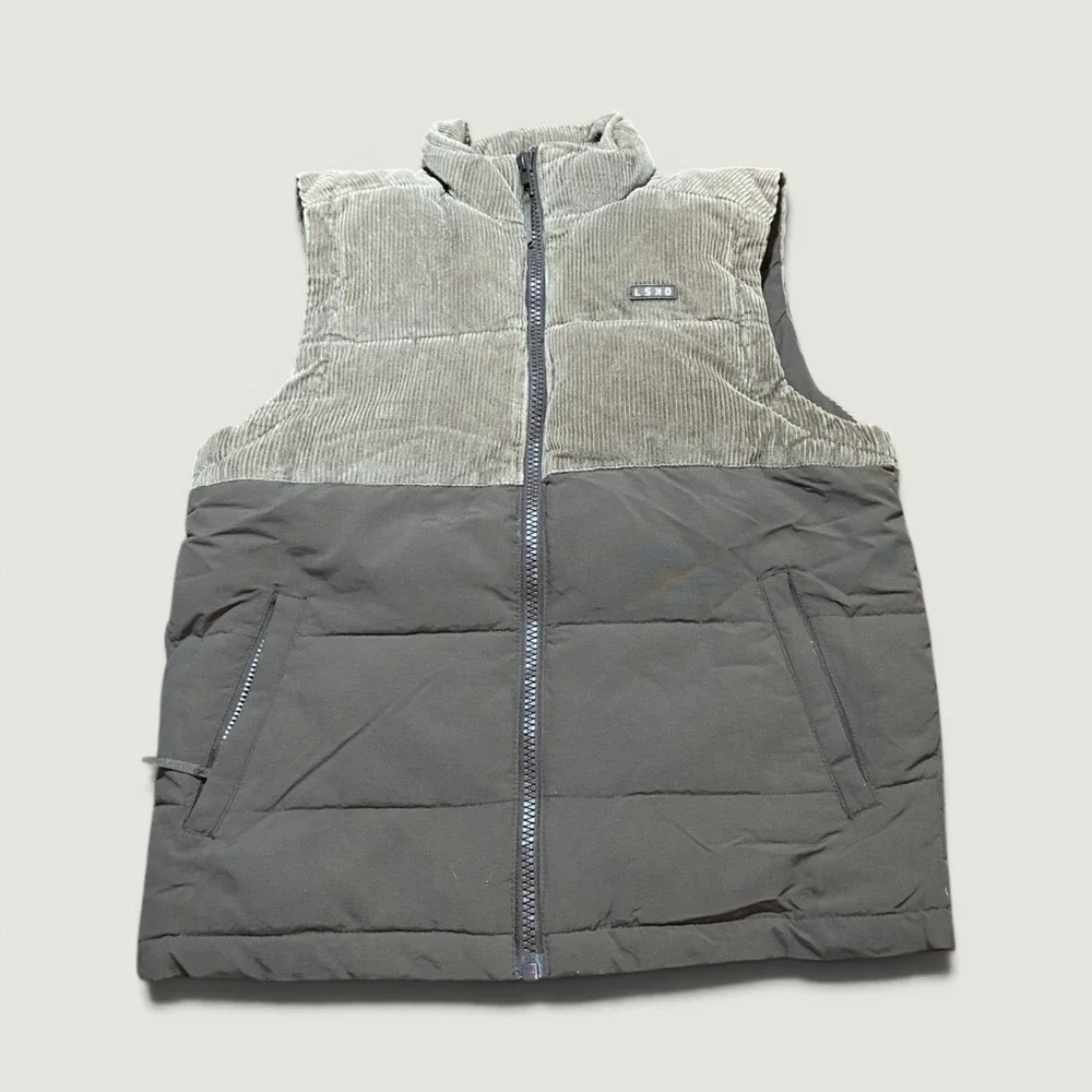 LSKD men's Winter Puffer Vest Brown Ribbed Corduroy Upper Quilted Lower Small
